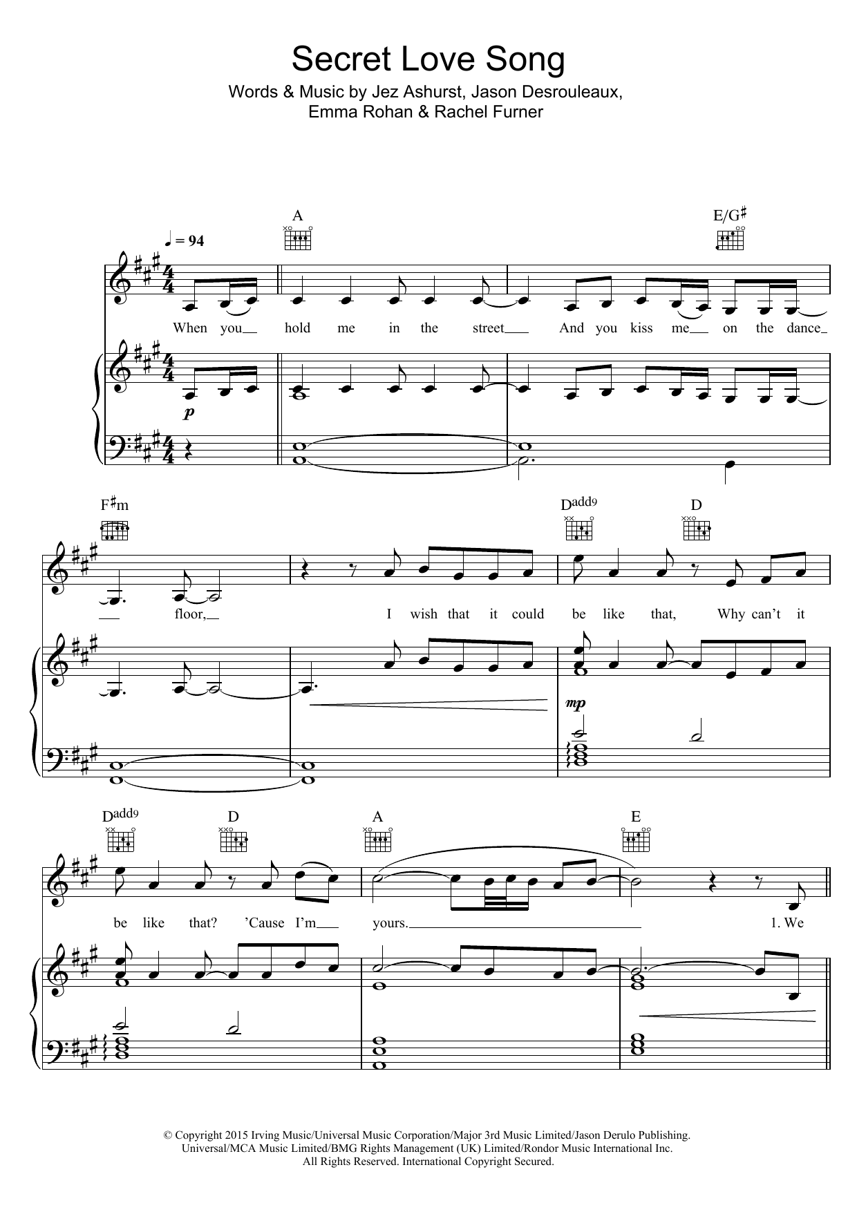 Little Mix Secret Love Song (featuring Jason Derulo) sheet music notes and chords arranged for Easy Piano