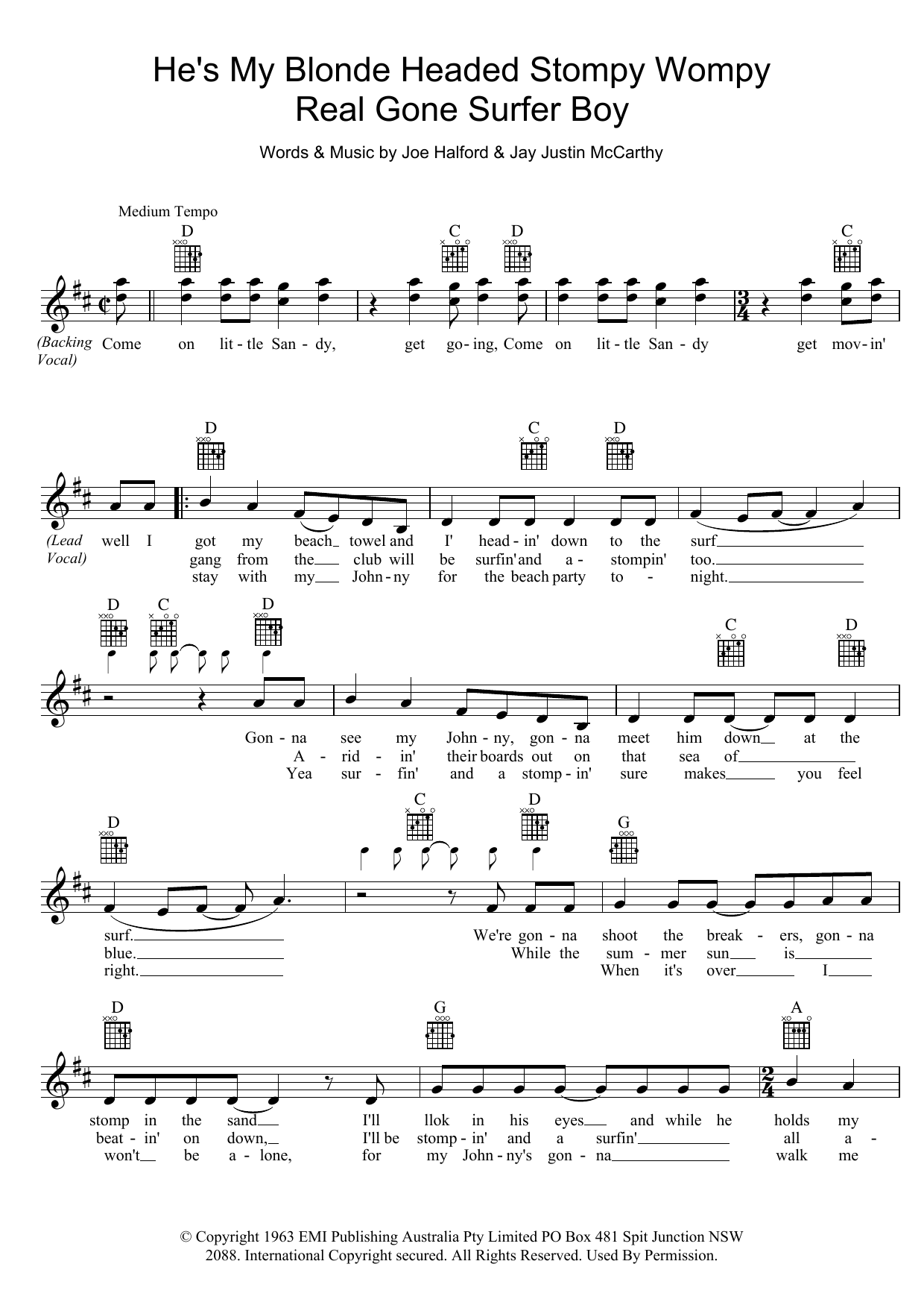 Little Pattie He's My Blonde Headed Stompy Wompy Real Gone Surfer Boy sheet music notes and chords arranged for Lead Sheet / Fake Book