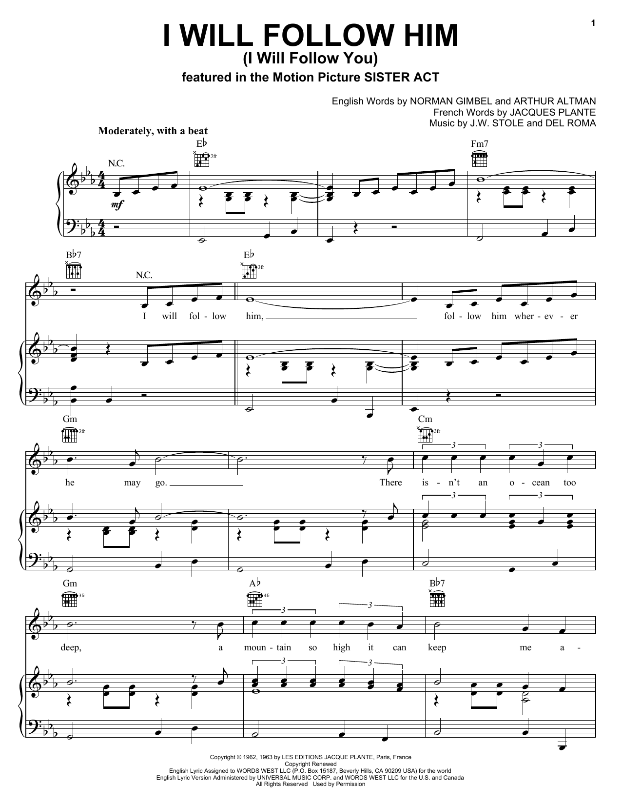 Little Peggy March I Will Follow Him (I Will Follow You) sheet music notes and chords arranged for Easy Piano