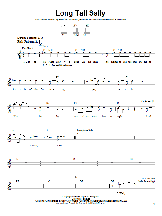 Little Richard Long Tall Sally sheet music notes and chords arranged for Guitar Chords/Lyrics