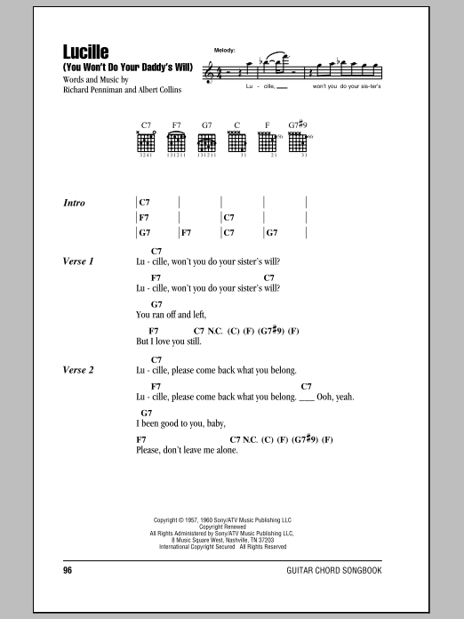 Little Richard Lucille sheet music notes and chords arranged for Piano, Vocal & Guitar Chords