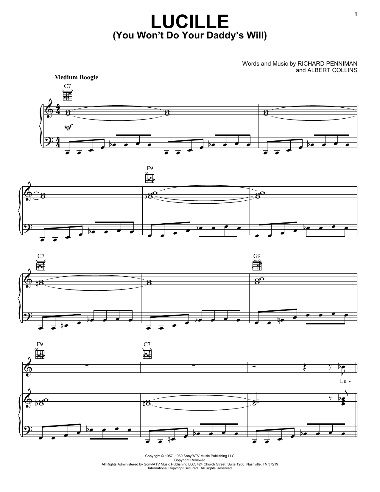 Little Richard Lucille (You Won't Do Your Daddy's Will) sheet music notes and chords arranged for Piano, Vocal & Guitar Chords (Right-Hand Melody)