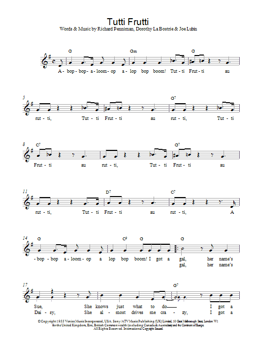 Little Richard Tutti Frutti sheet music notes and chords arranged for Ukulele Chords/Lyrics