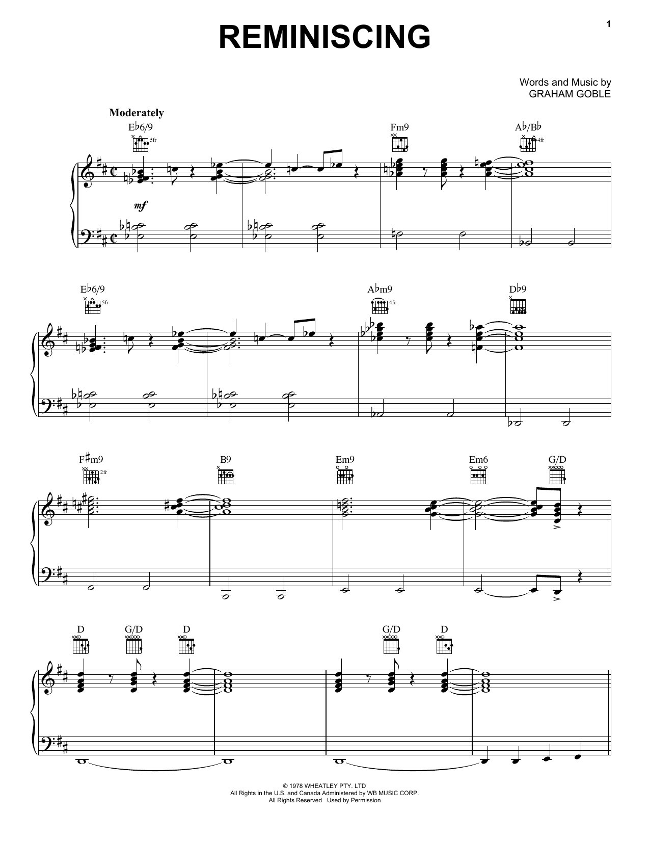 Little River Band Reminiscing sheet music notes and chords arranged for Piano, Vocal & Guitar Chords (Right-Hand Melody)