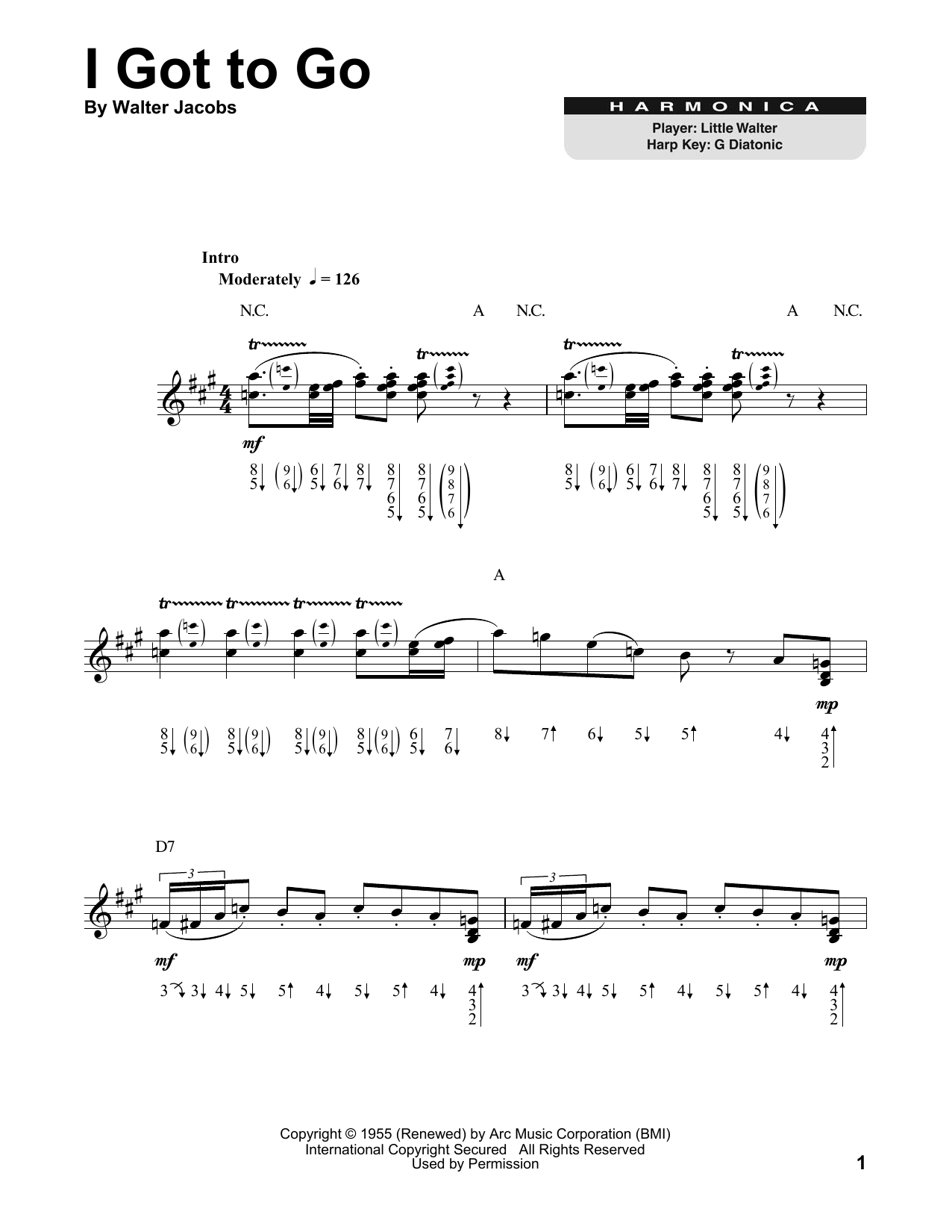 Little Walter I Got To Go sheet music notes and chords arranged for Harmonica