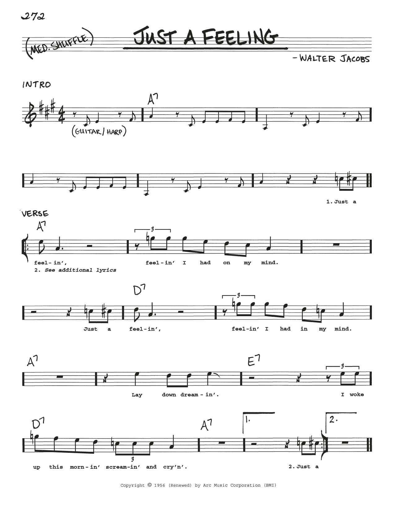 Little Walter Just A Feeling sheet music notes and chords arranged for Real Book – Melody, Lyrics & Chords