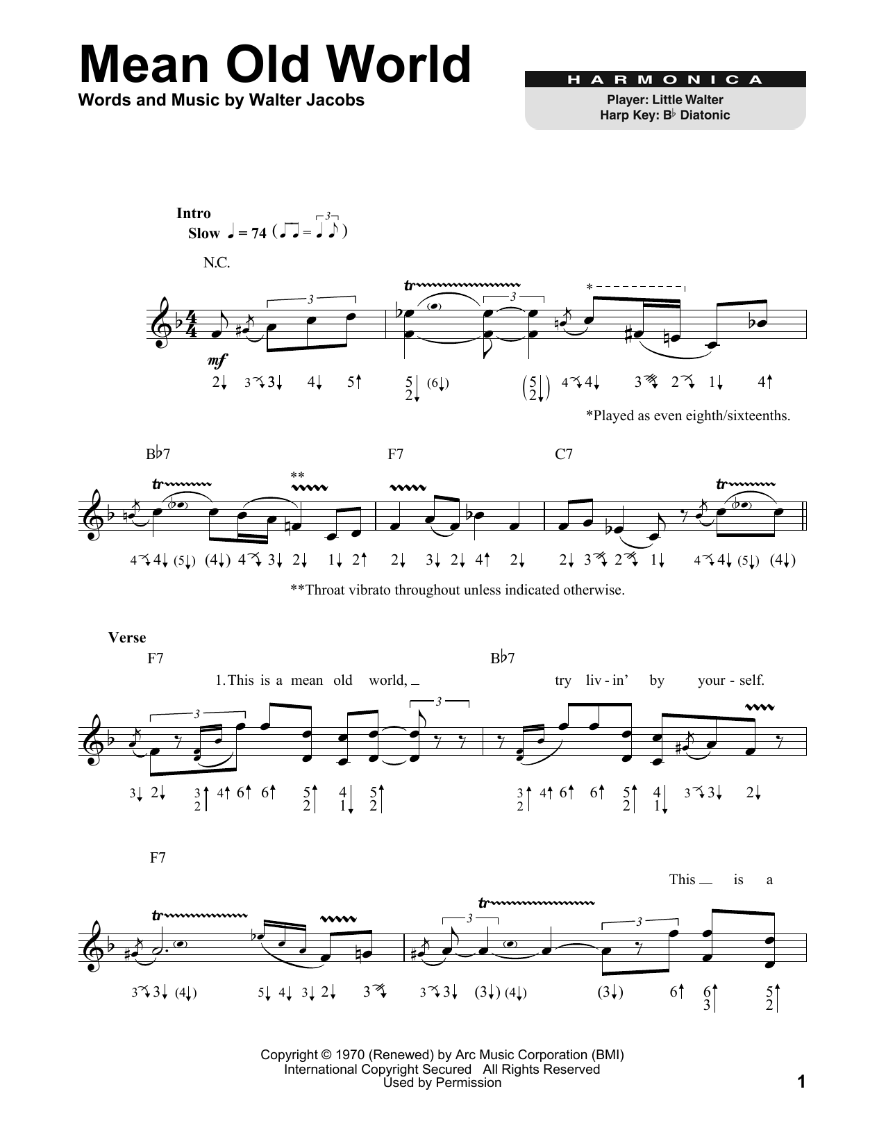 Little Walter Mean Old World sheet music notes and chords arranged for Harmonica
