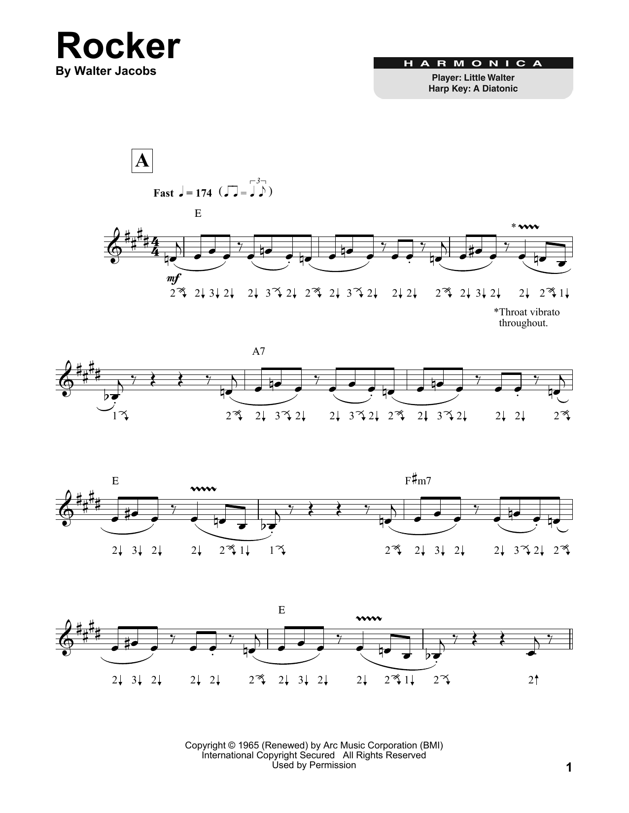 Little Walter Rocker sheet music notes and chords arranged for Harmonica