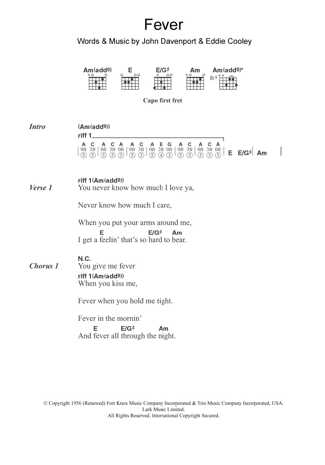 Little Willie John Fever sheet music notes and chords arranged for Guitar Chords/Lyrics