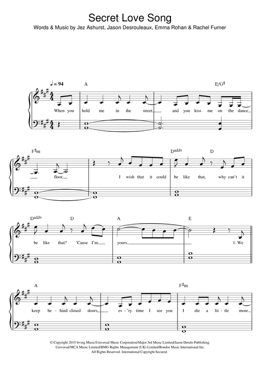 Little Mix Secret Love Song (feat. Jason Derulo) sheet music notes and chords arranged for Easy Piano