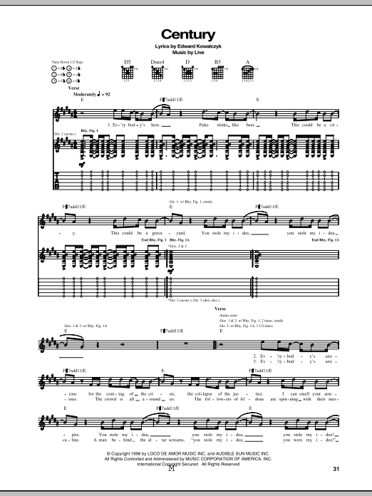 Live Century sheet music notes and chords arranged for Guitar Tab