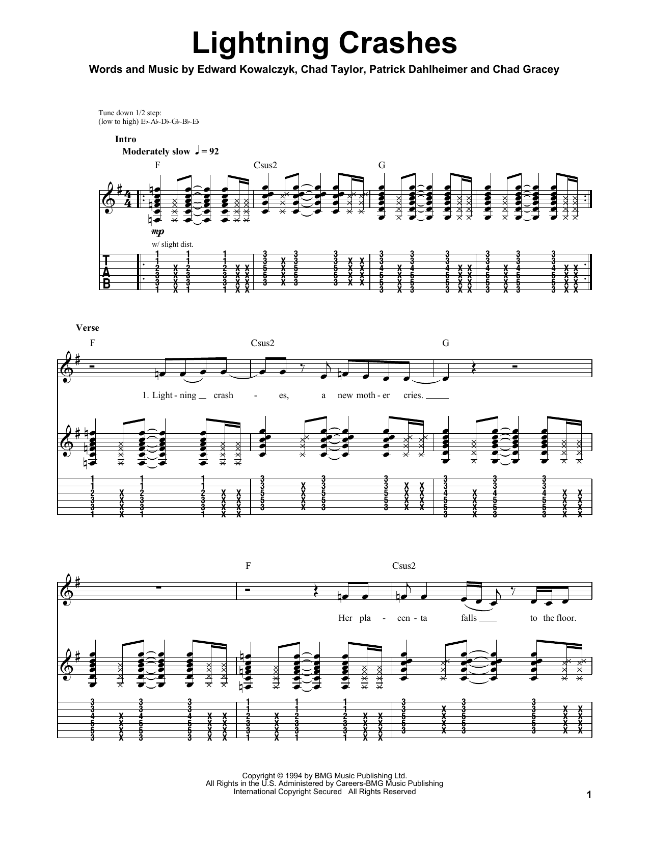 Live Lightning Crashes sheet music notes and chords arranged for Piano, Vocal & Guitar Chords (Right-Hand Melody)