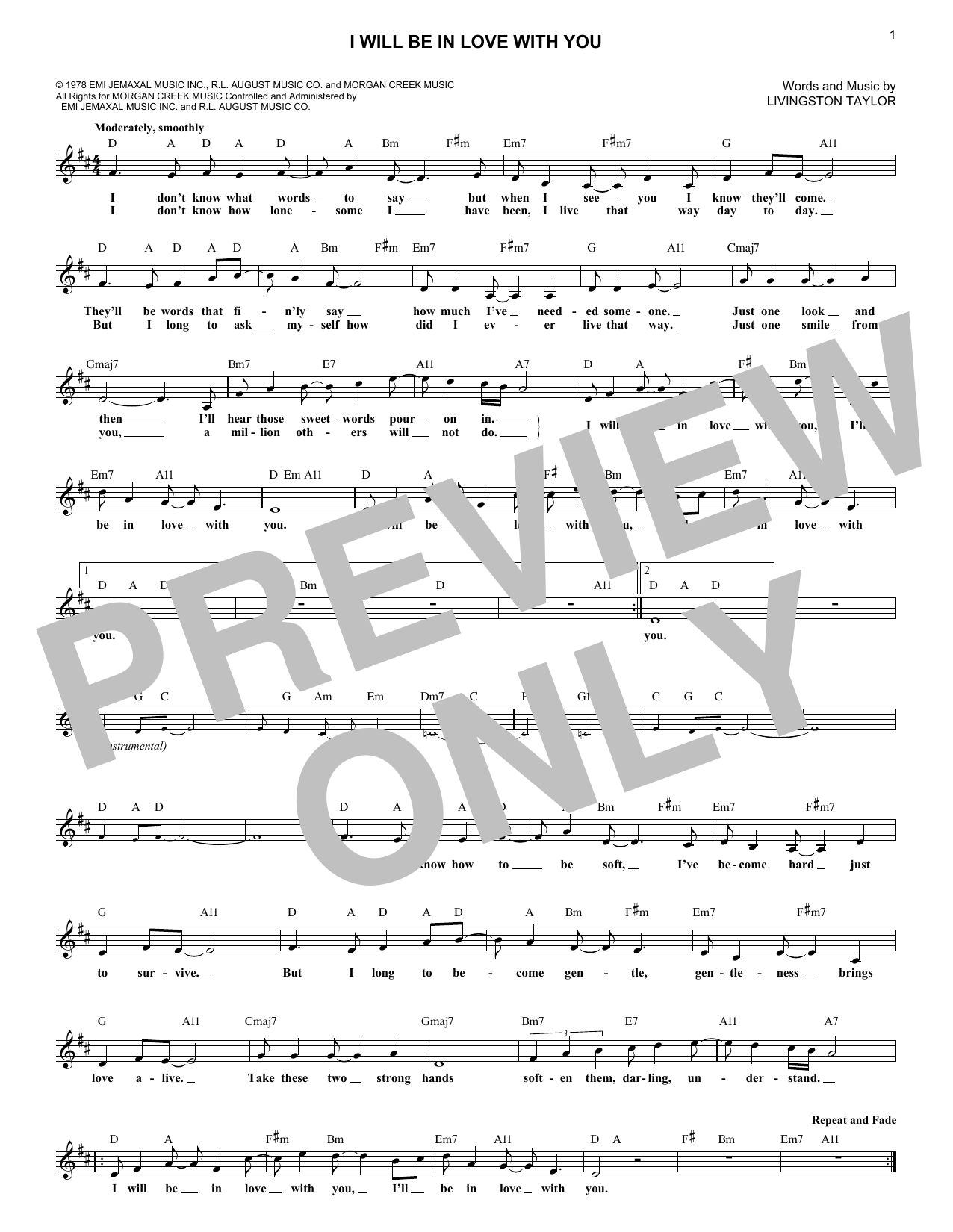 Livingston Taylor I Will Be In Love With You sheet music notes and chords arranged for Lead Sheet / Fake Book