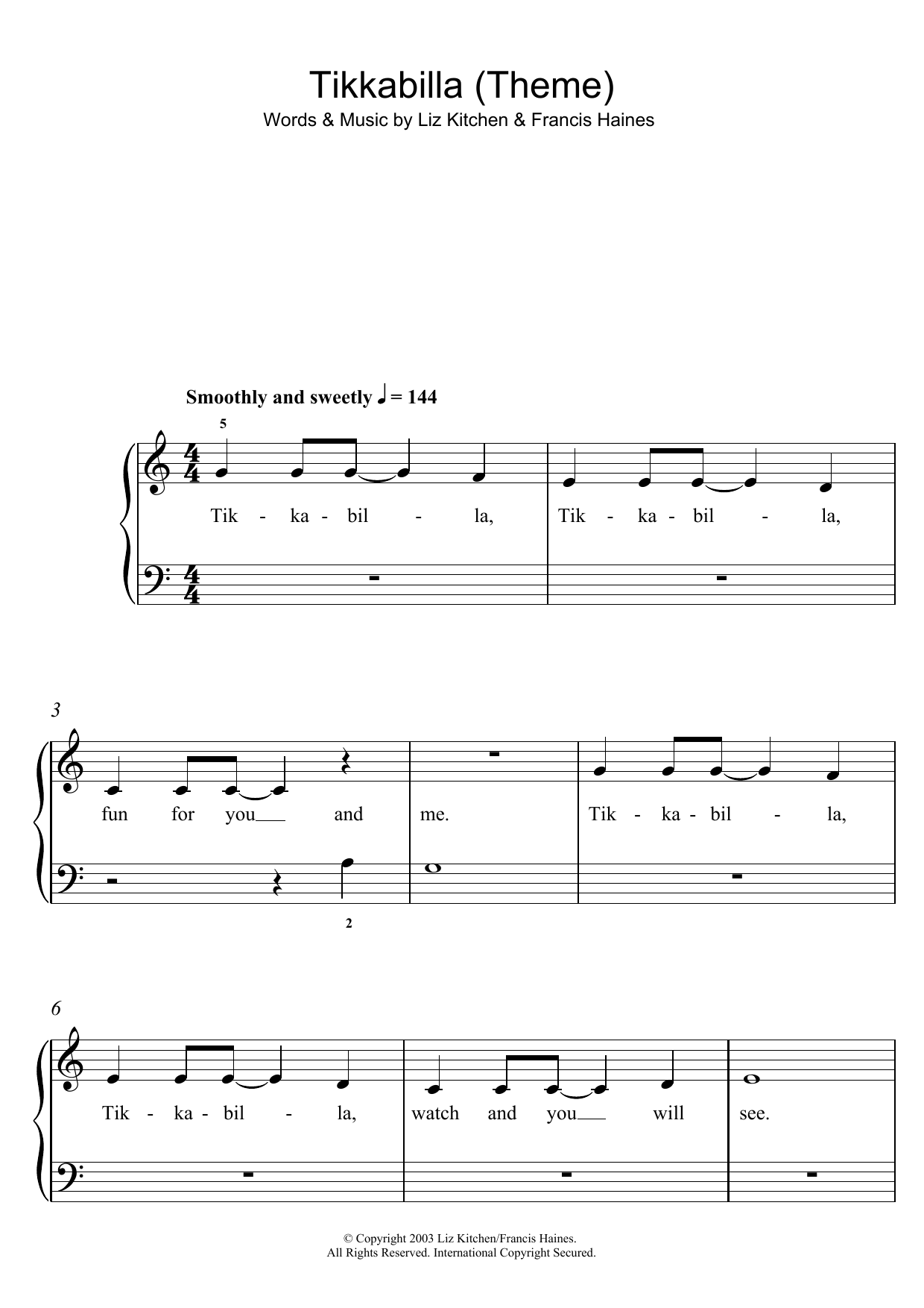 Liz Kitchen Tikkabilla (Theme) sheet music notes and chords arranged for 5-Finger Piano