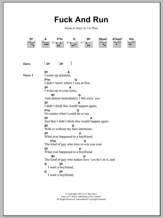Liz Phair Fuck And Run sheet music notes and chords arranged for Guitar Chords/Lyrics
