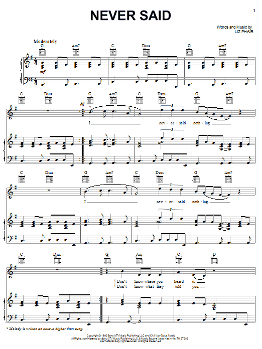 Liz Phair Never Said sheet music notes and chords arranged for Piano, Vocal & Guitar Chords (Right-Hand Melody)
