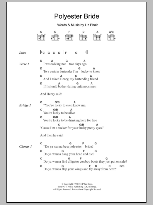 Liz Phair Polyester Bride sheet music notes and chords arranged for Guitar Chords/Lyrics