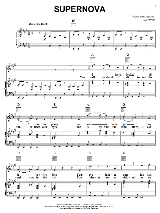 Liz Phair Supernova sheet music notes and chords arranged for Piano, Vocal & Guitar Chords (Right-Hand Melody)