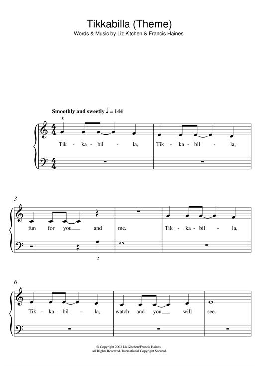 Liz Kitchen Tikkabilla (Theme) sheet music notes and chords arranged for 5-Finger Piano