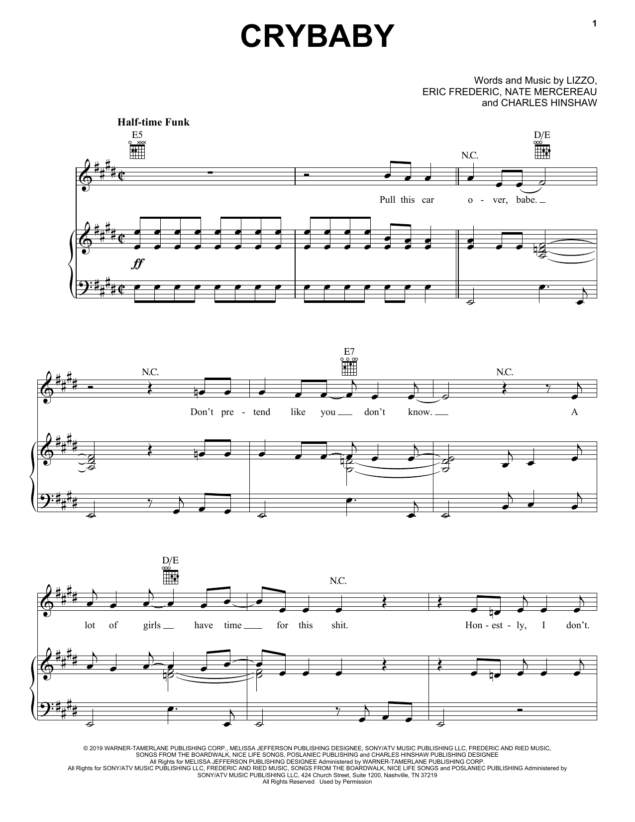 Lizzo Crybaby sheet music notes and chords arranged for Piano, Vocal & Guitar Chords (Right-Hand Melody)