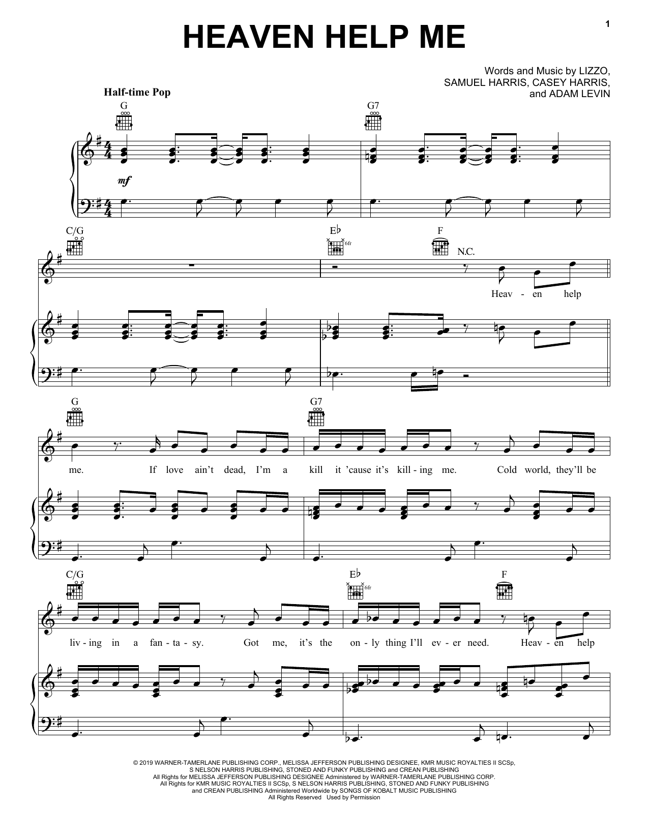 Lizzo Heaven Help Me sheet music notes and chords arranged for Piano, Vocal & Guitar Chords (Right-Hand Melody)
