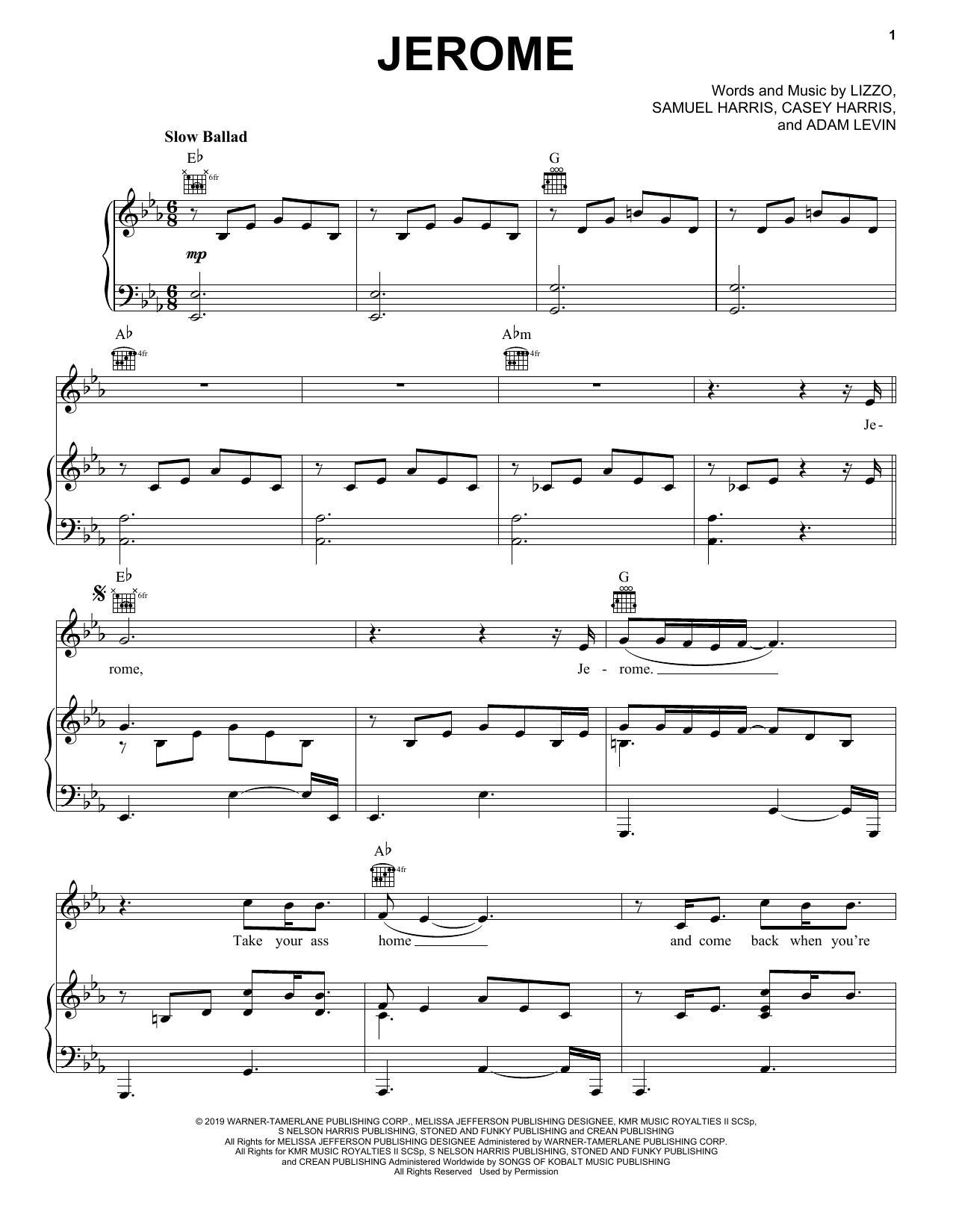 Lizzo Jerome sheet music notes and chords arranged for Piano, Vocal & Guitar Chords (Right-Hand Melody)