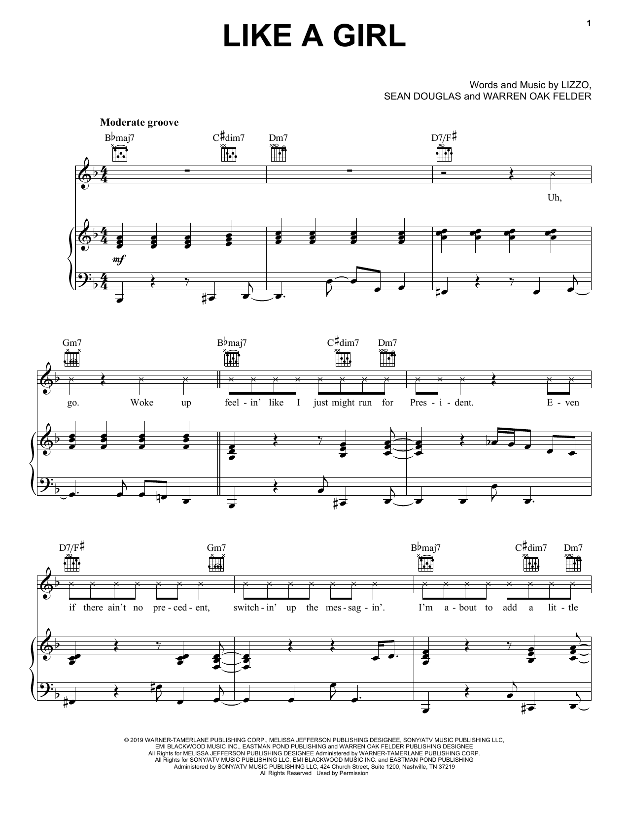 Lizzo Like A Girl sheet music notes and chords arranged for Piano, Vocal & Guitar Chords (Right-Hand Melody)
