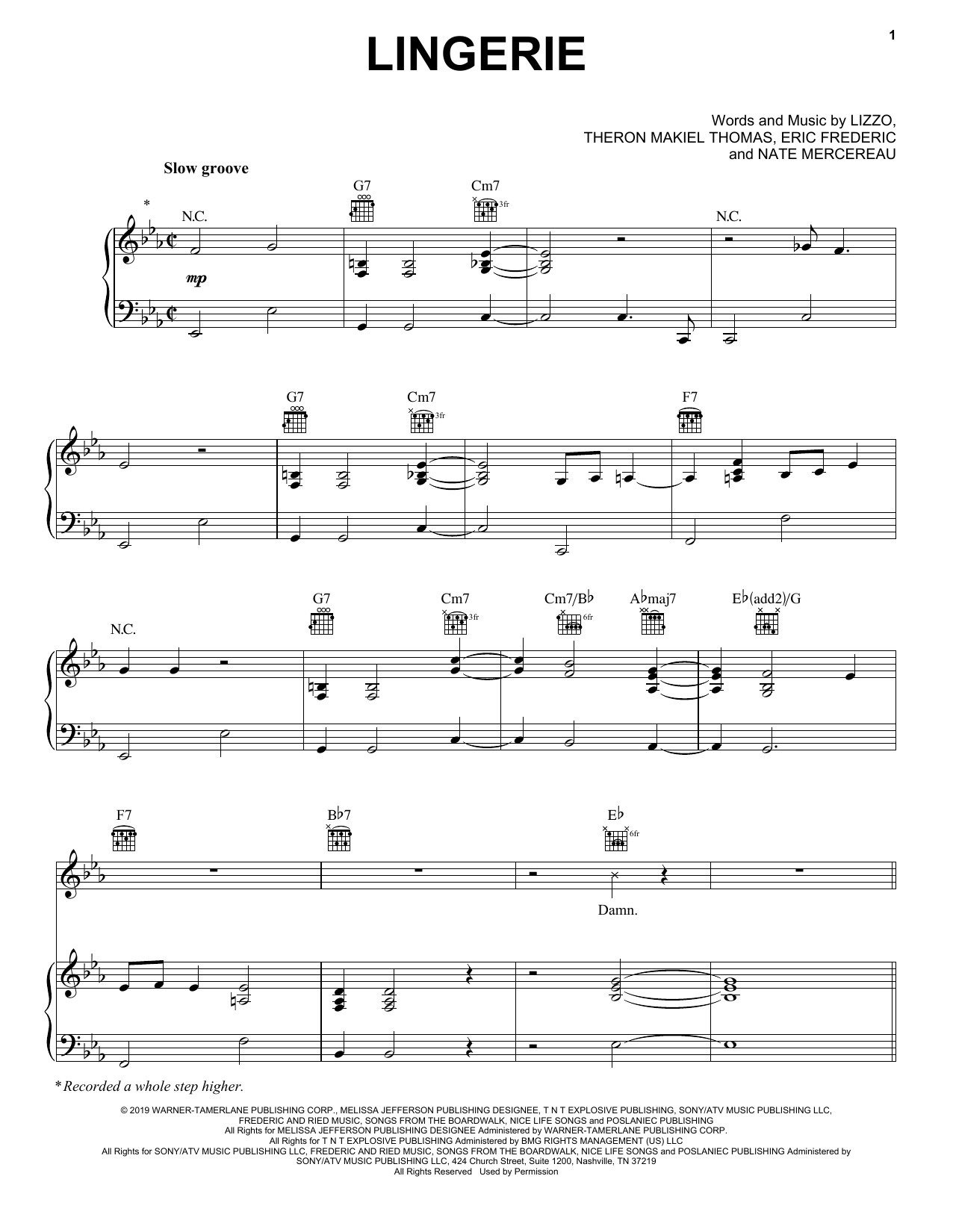 Lizzo Lingerie sheet music notes and chords arranged for Piano, Vocal & Guitar Chords (Right-Hand Melody)
