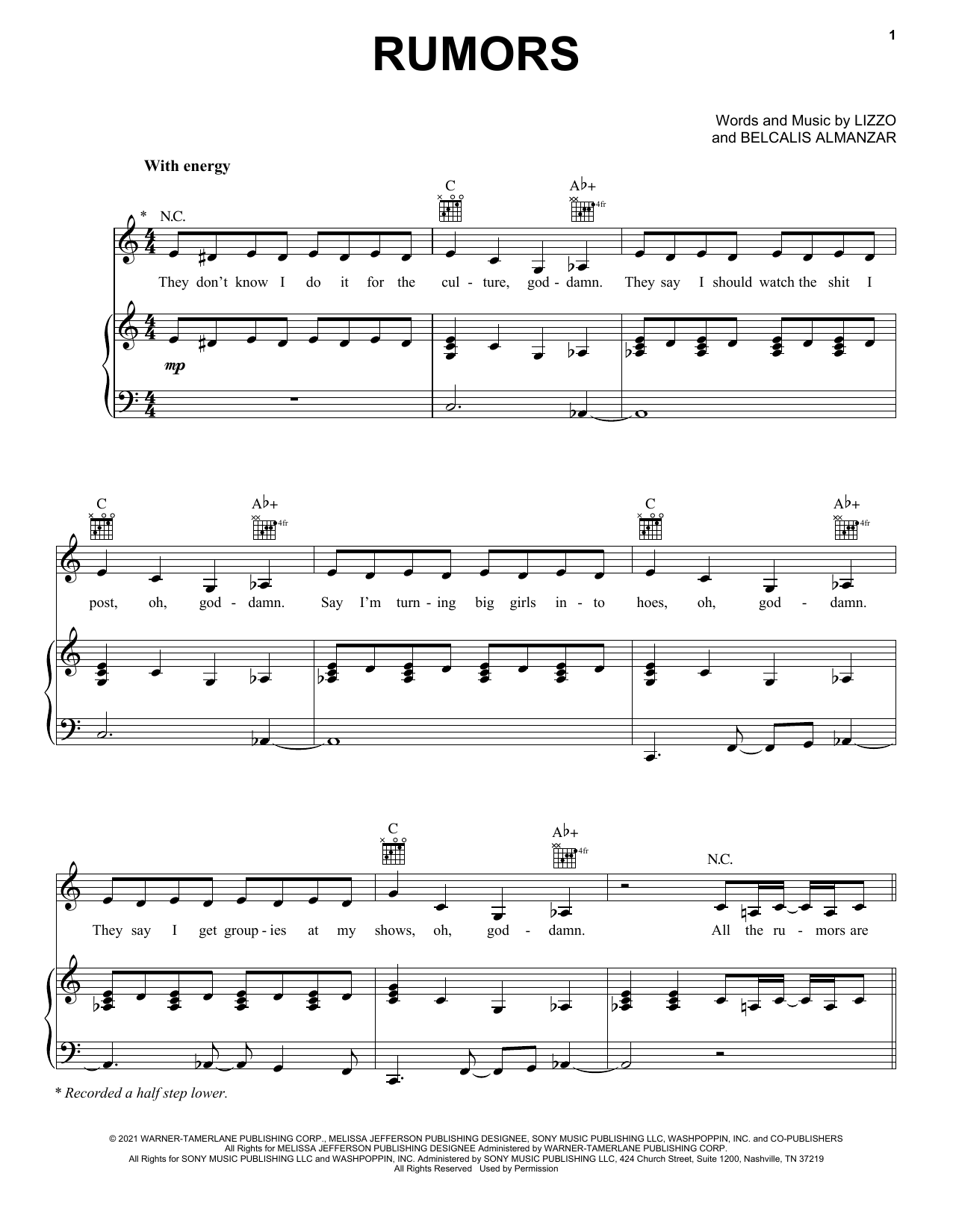 Lizzo Rumors (feat. Cardi B) sheet music notes and chords arranged for Piano, Vocal & Guitar Chords (Right-Hand Melody)