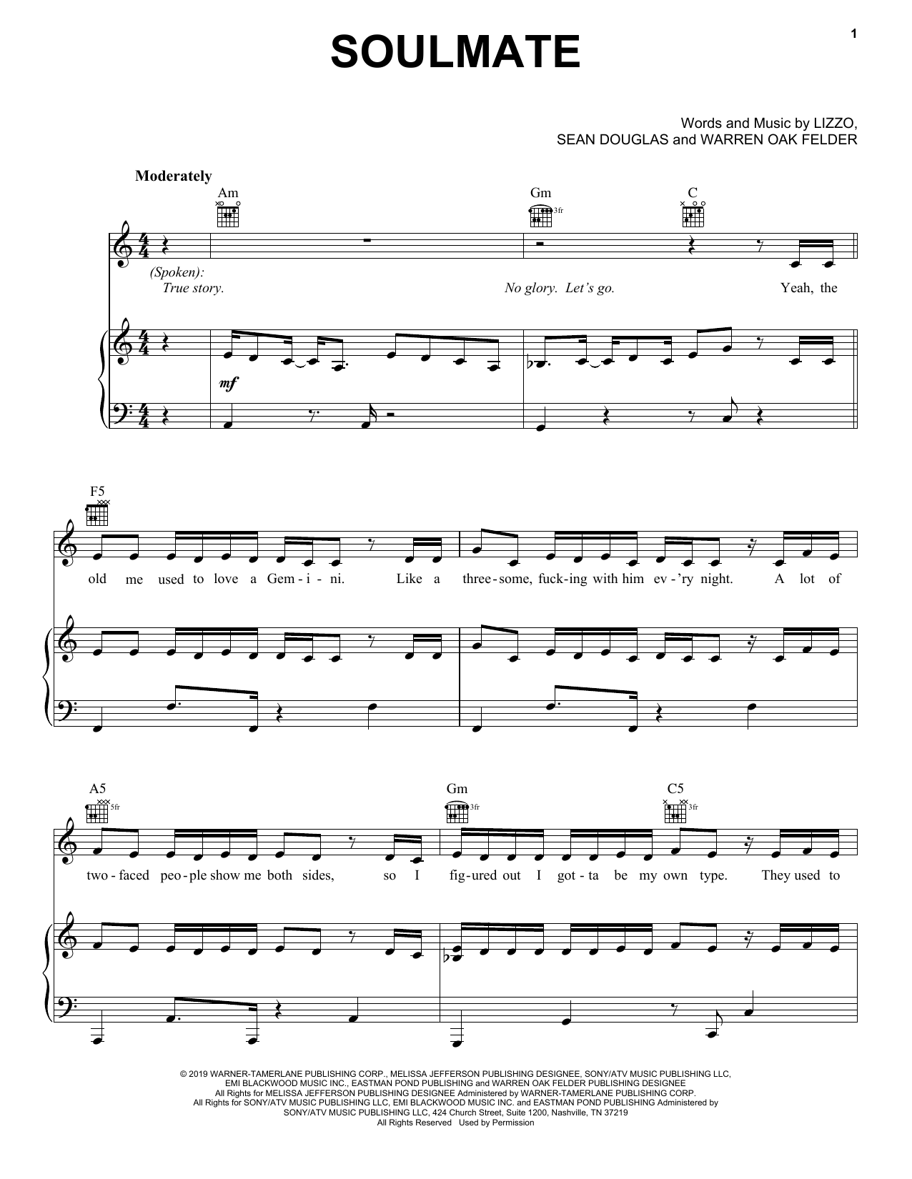 Lizzo Soulmate sheet music notes and chords arranged for Piano, Vocal & Guitar Chords (Right-Hand Melody)