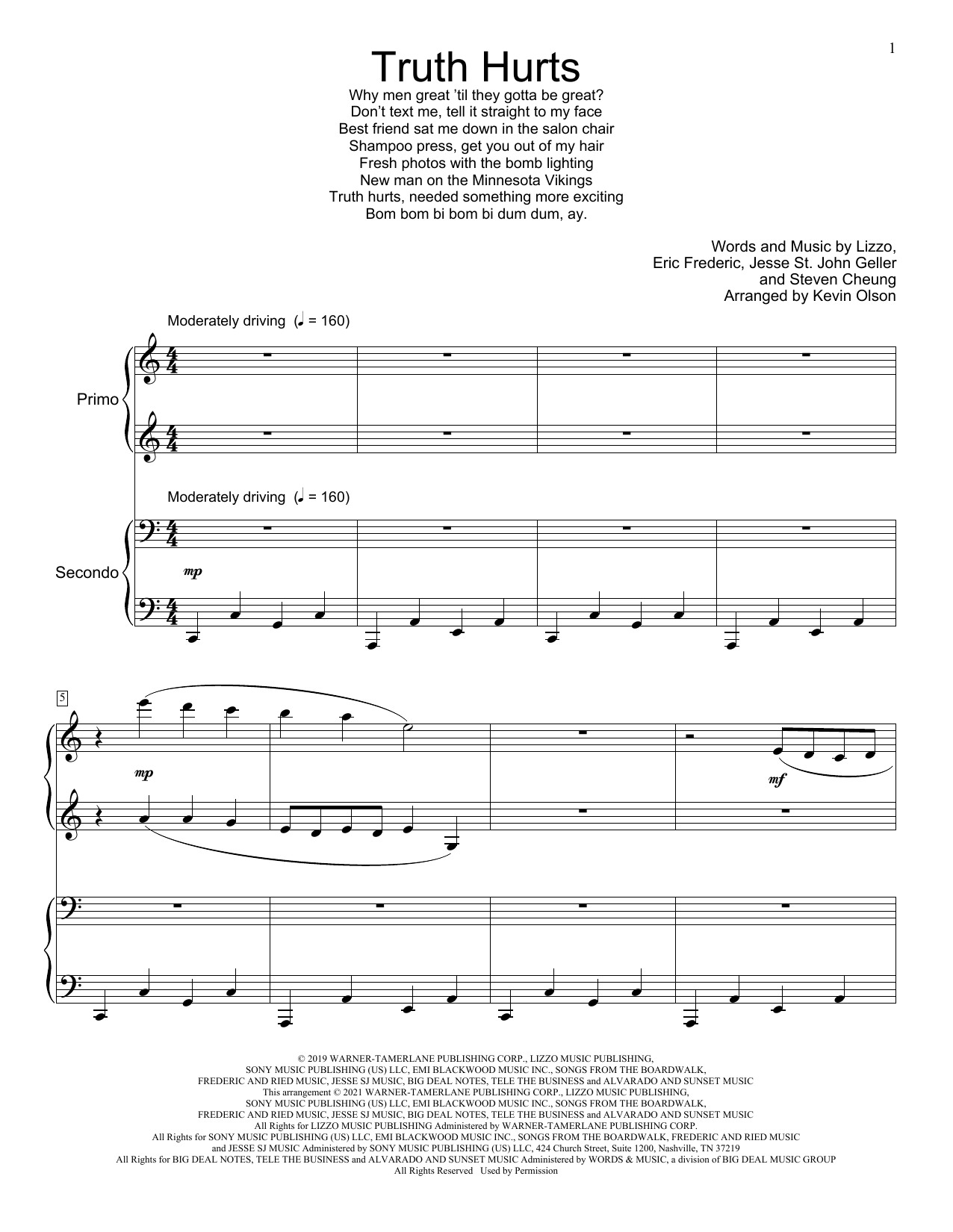 Lizzo Truth Hurts (arr. Kevin Olson) sheet music notes and chords arranged for Piano Duet