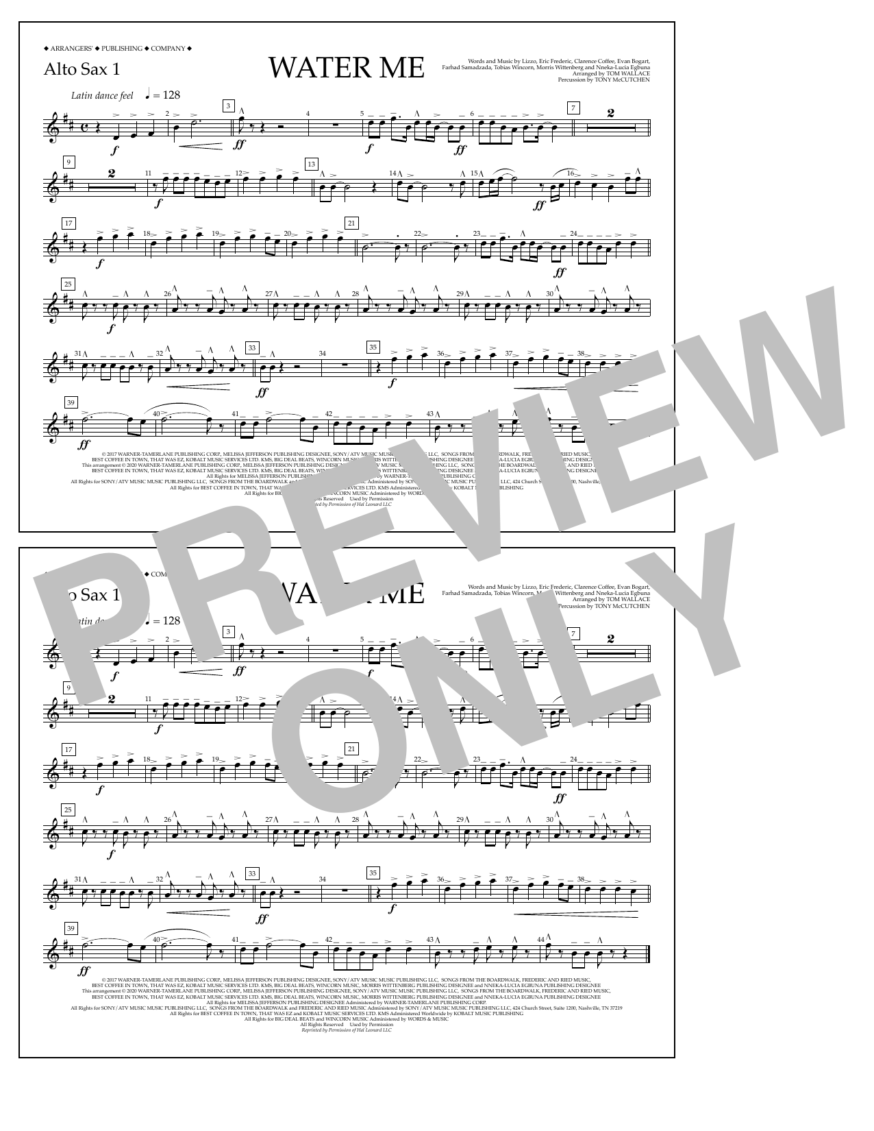 Lizzo Water Me (arr. Tom Wallace) - Alto Sax 1 sheet music notes and chords arranged for Marching Band