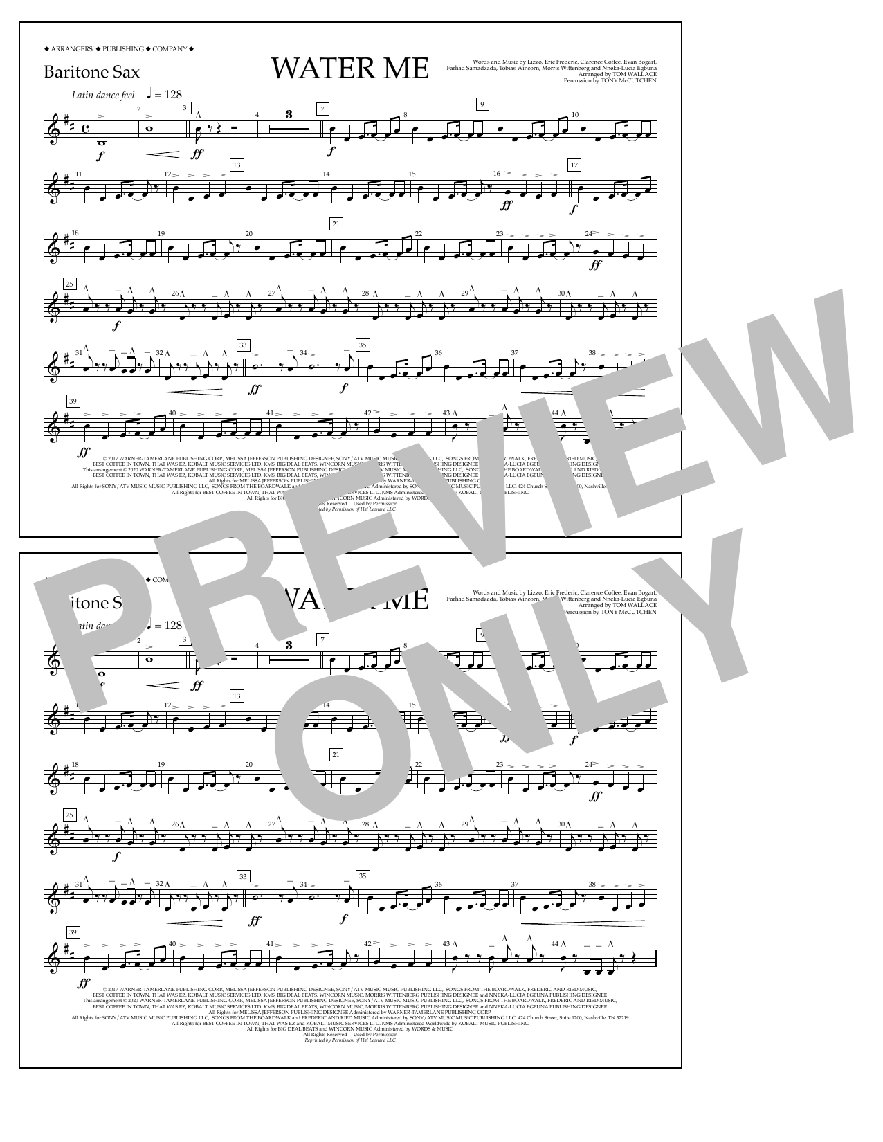 Lizzo Water Me (arr. Tom Wallace) - Baritone Sax sheet music notes and chords arranged for Marching Band