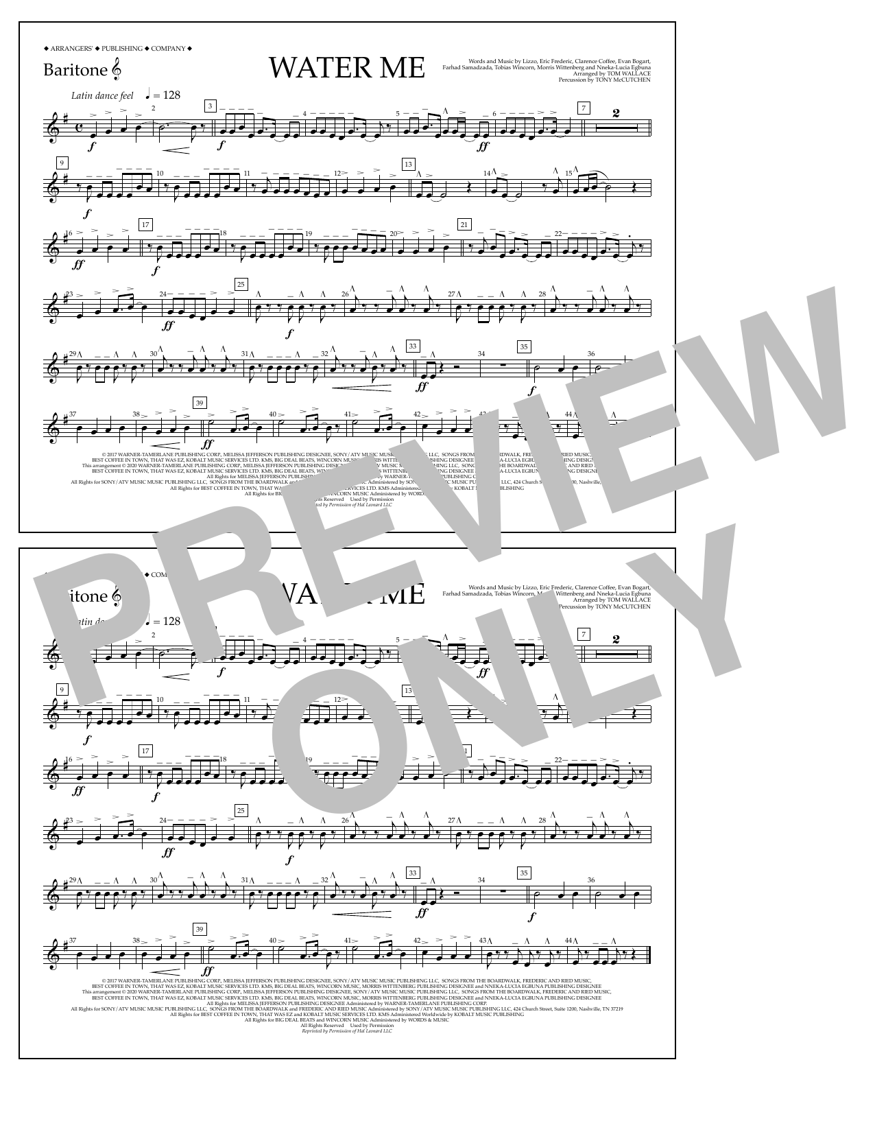 Lizzo Water Me (arr. Tom Wallace) - Baritone T.C. sheet music notes and chords arranged for Marching Band