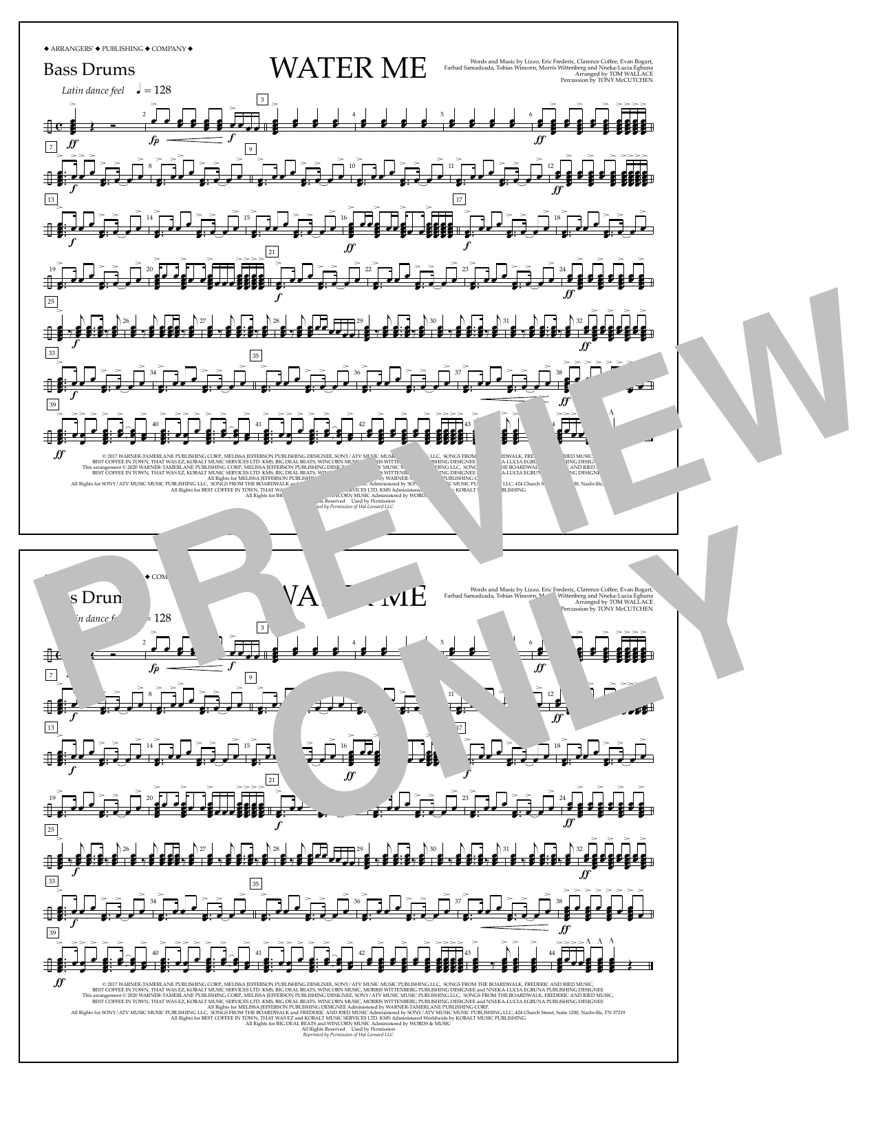 Lizzo Water Me (arr. Tom Wallace) - Bass Drums sheet music notes and chords arranged for Marching Band