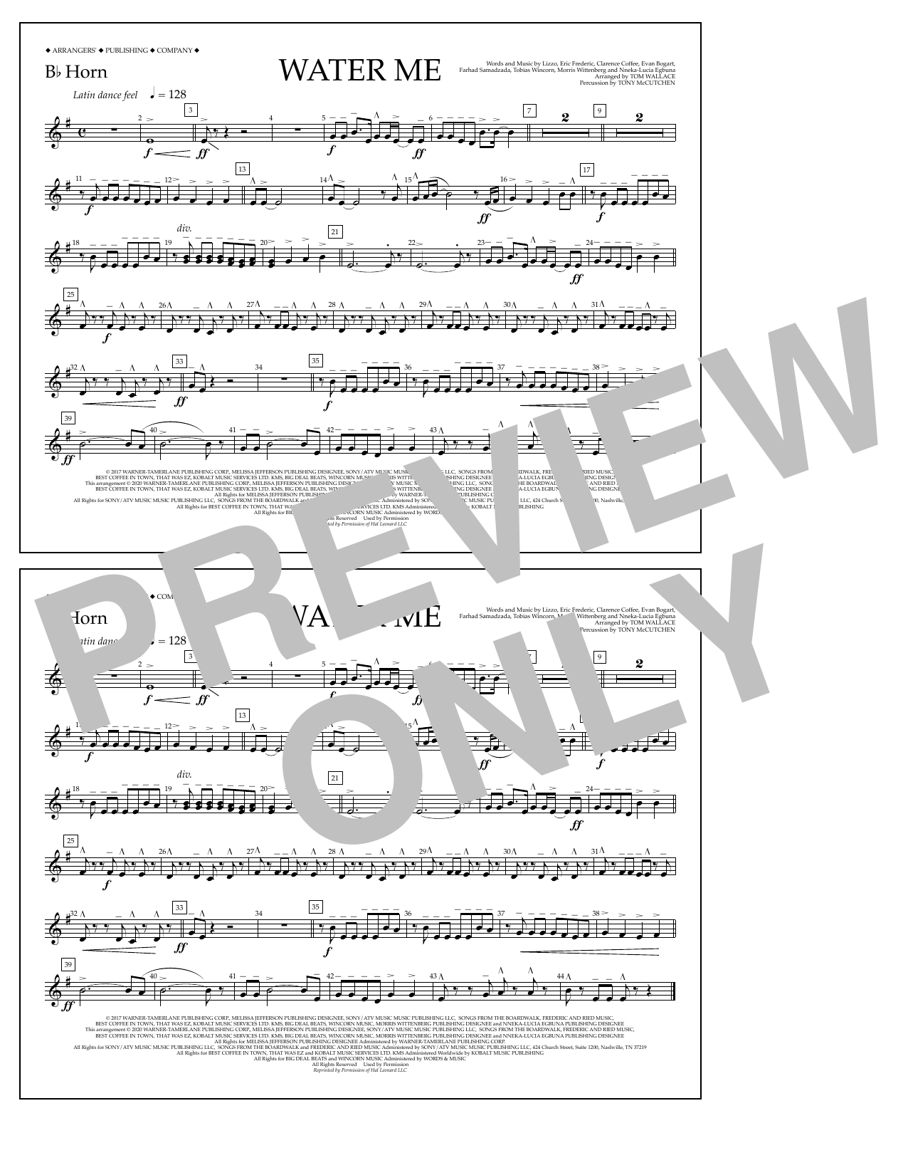 Lizzo Water Me (arr. Tom Wallace) - Bb Horn sheet music notes and chords arranged for Marching Band