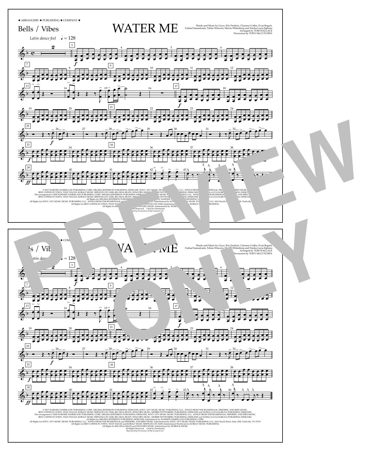 Lizzo Water Me (arr. Tom Wallace) - Bells/Vibes sheet music notes and chords arranged for Marching Band
