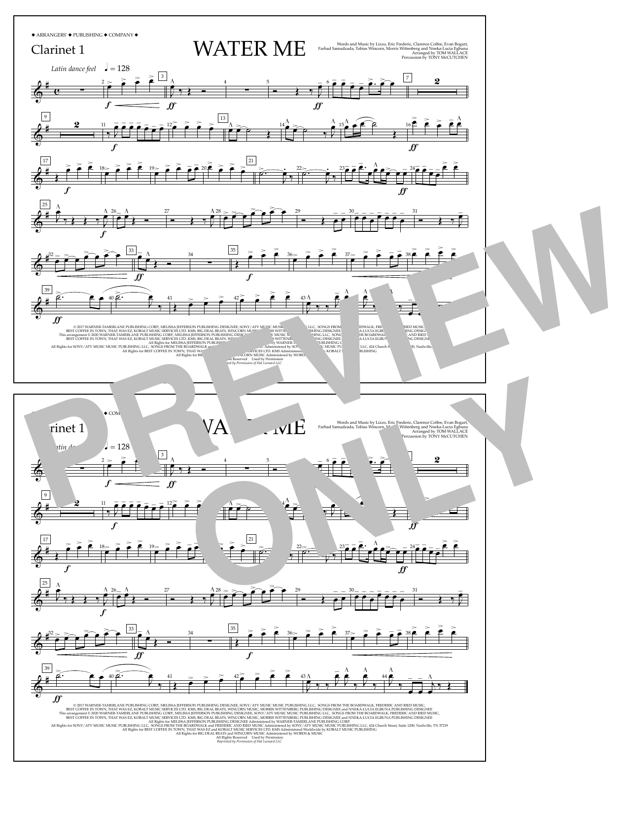 Lizzo Water Me (arr. Tom Wallace) - Clarinet 1 sheet music notes and chords arranged for Marching Band