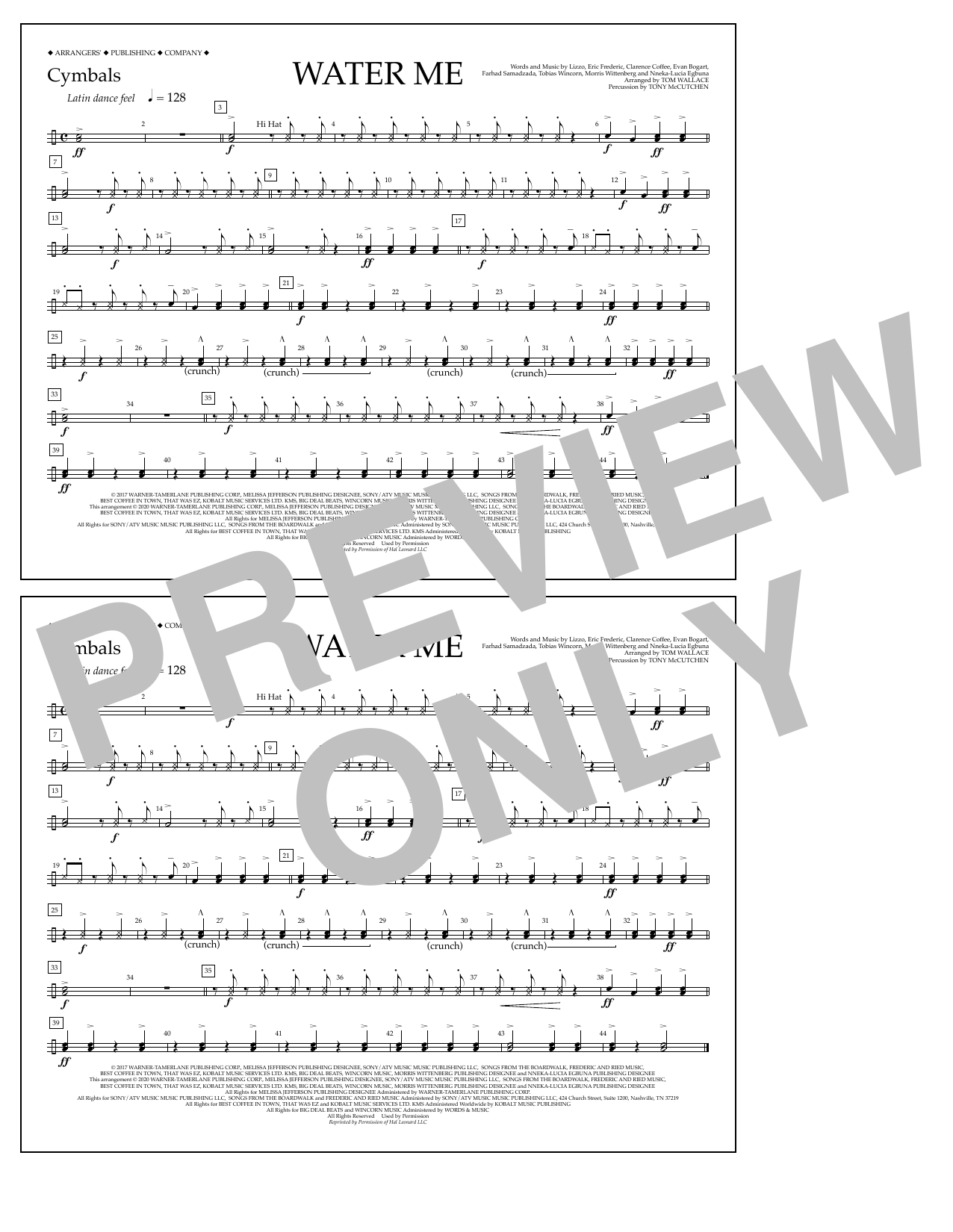 Lizzo Water Me (arr. Tom Wallace) - Cymbals sheet music notes and chords arranged for Marching Band