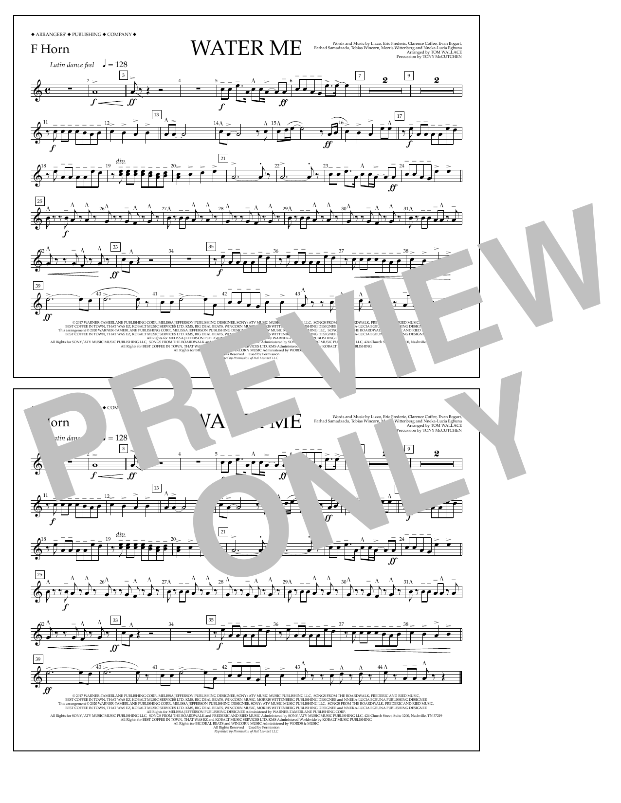 Lizzo Water Me (arr. Tom Wallace) - F Horn sheet music notes and chords arranged for Marching Band