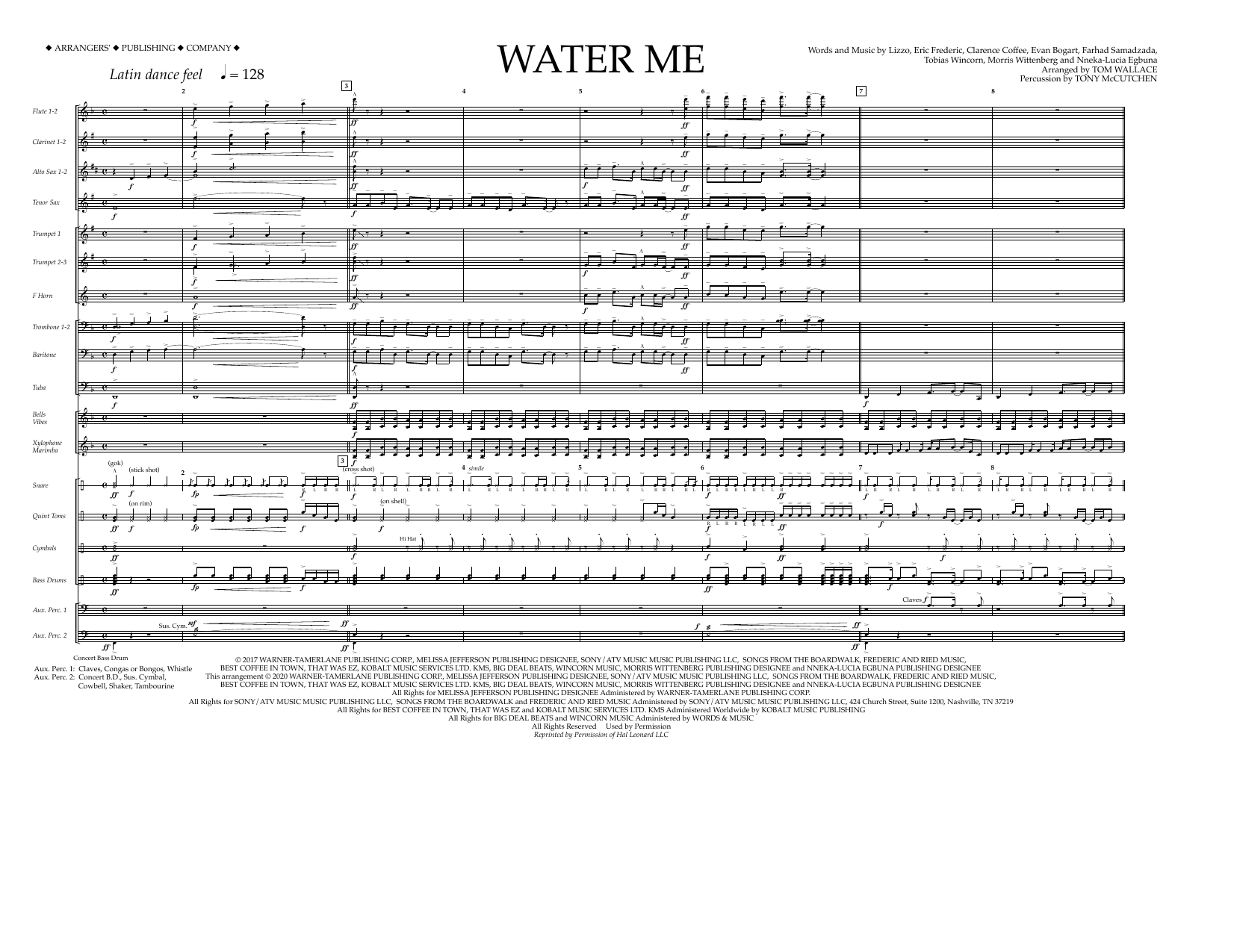 Lizzo Water Me (arr. Tom Wallace) - Full Score sheet music notes and chords arranged for Marching Band