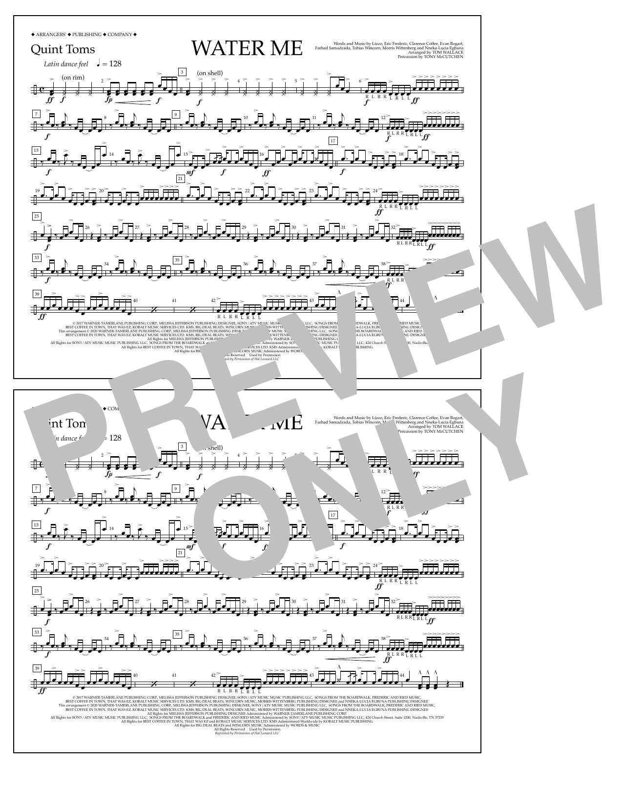 Lizzo Water Me (arr. Tom Wallace) - Quint-Toms sheet music notes and chords arranged for Marching Band