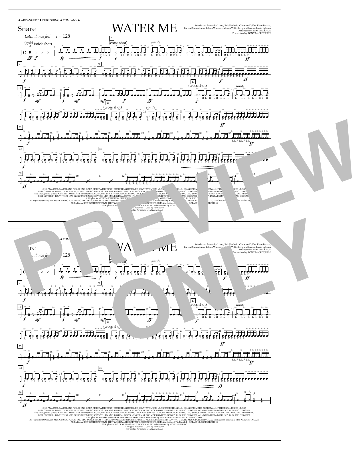 Lizzo Water Me (arr. Tom Wallace) - Snare sheet music notes and chords arranged for Marching Band