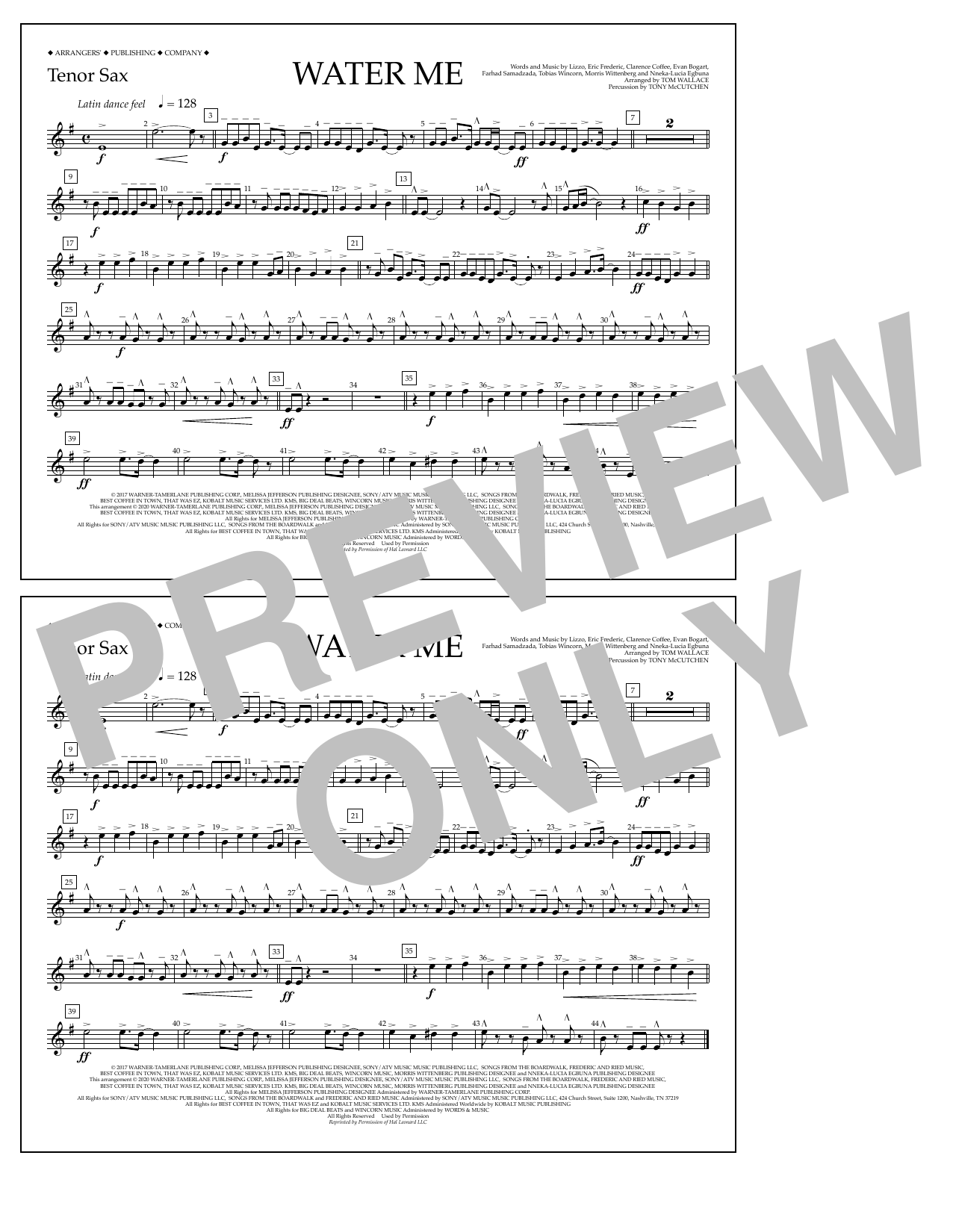 Lizzo Water Me (arr. Tom Wallace) - Tenor Sax sheet music notes and chords arranged for Marching Band