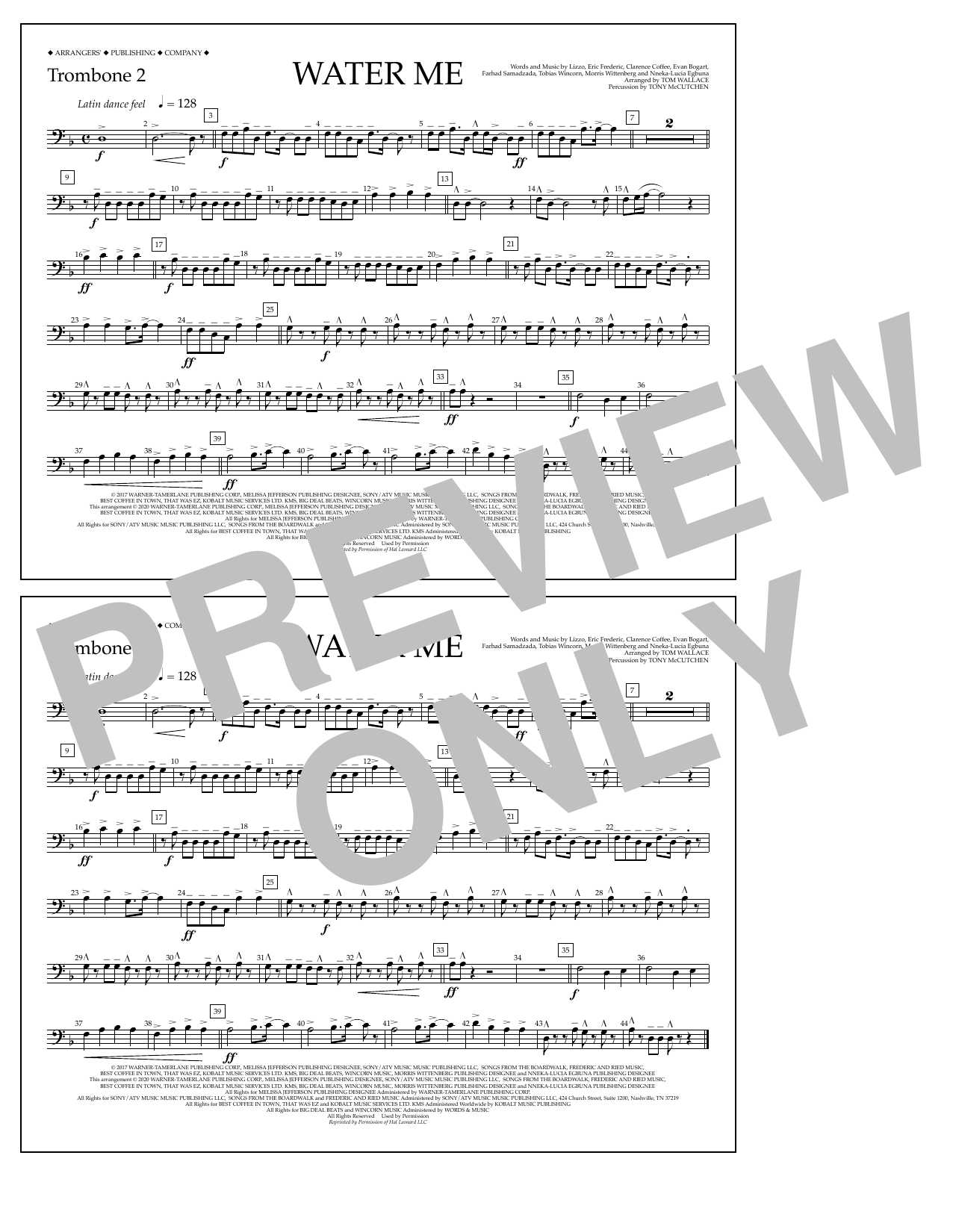 Lizzo Water Me (arr. Tom Wallace) - Trombone 2 sheet music notes and chords arranged for Marching Band