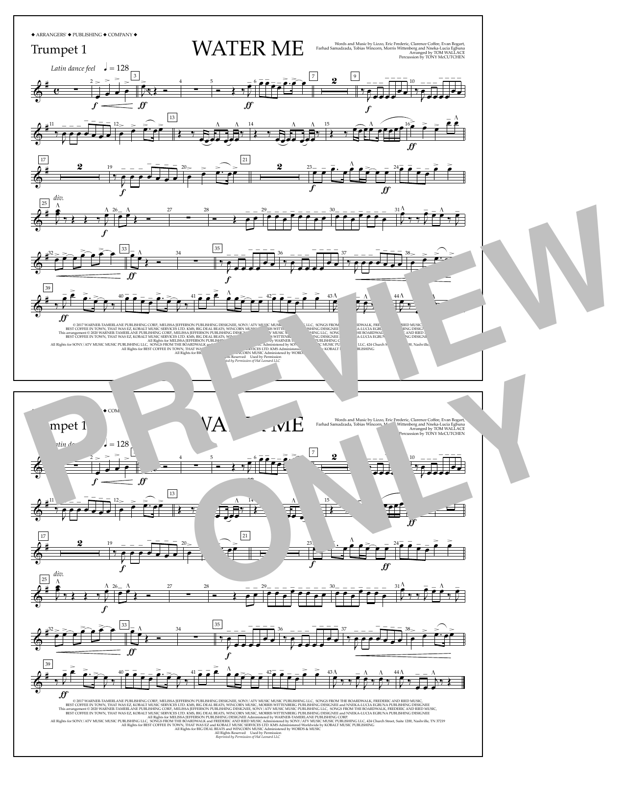 Lizzo Water Me (arr. Tom Wallace) - Trumpet 1 sheet music notes and chords arranged for Marching Band