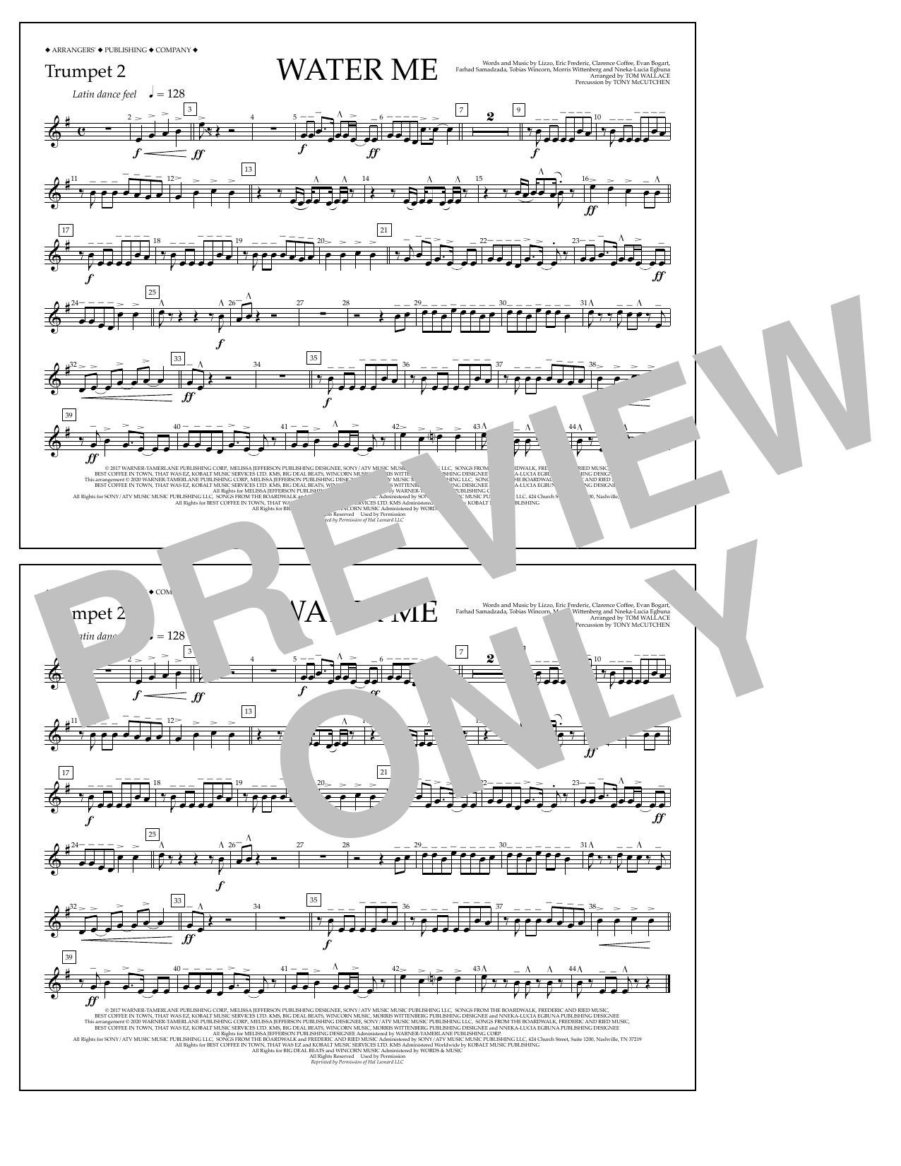 Lizzo Water Me (arr. Tom Wallace) - Trumpet 2 sheet music notes and chords arranged for Marching Band