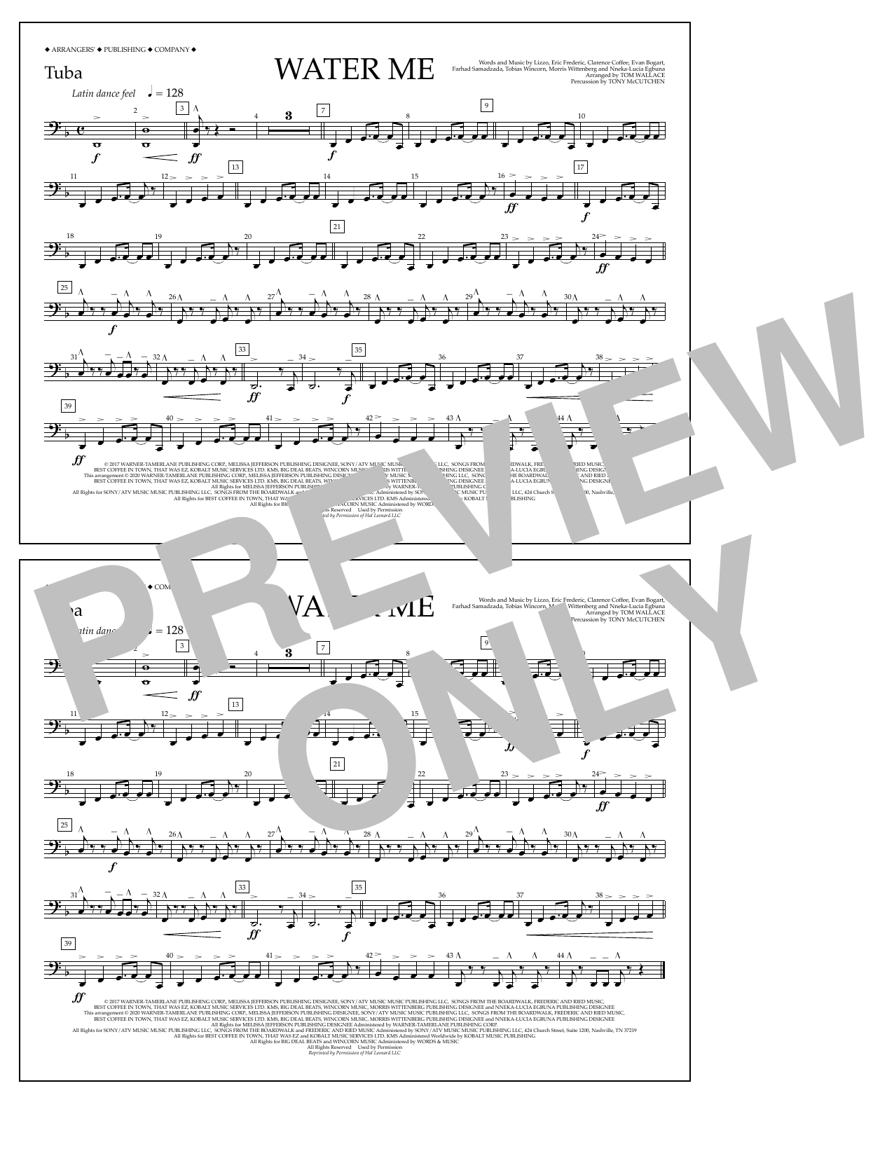 Lizzo Water Me (arr. Tom Wallace) - Tuba sheet music notes and chords arranged for Marching Band