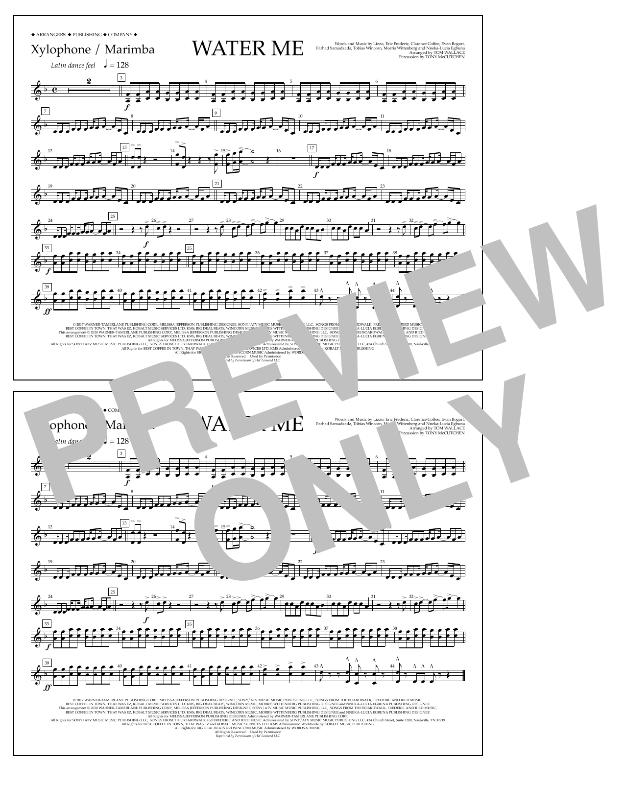 Lizzo Water Me (arr. Tom Wallace) - Xylophone/Marimba sheet music notes and chords arranged for Marching Band