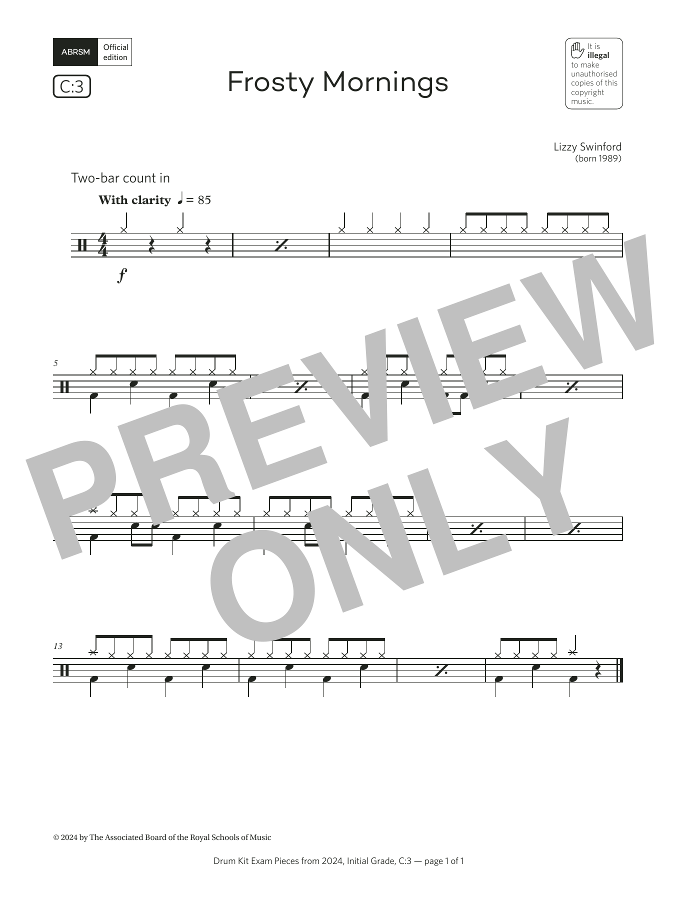 Lizzy Swinford Frosty Mornings (Grade Initial, list C3, from the ABRSM Drum Kit Syllabus 2024) sheet music notes and chords arranged for Drums